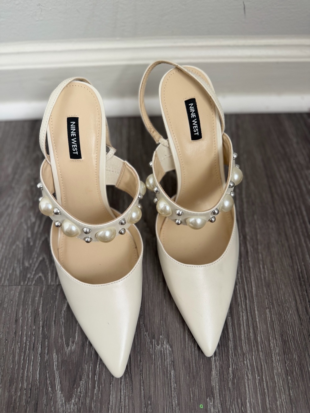 Nine West Ivory Pearl-Embellished Pointed Slingback Heels